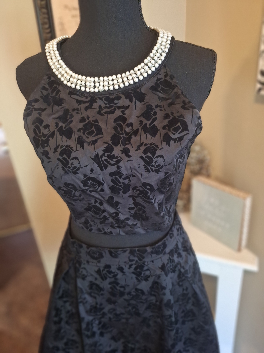 🤩 Black Burn Out Velvet Cut Out Dress with Pearl Neckline M